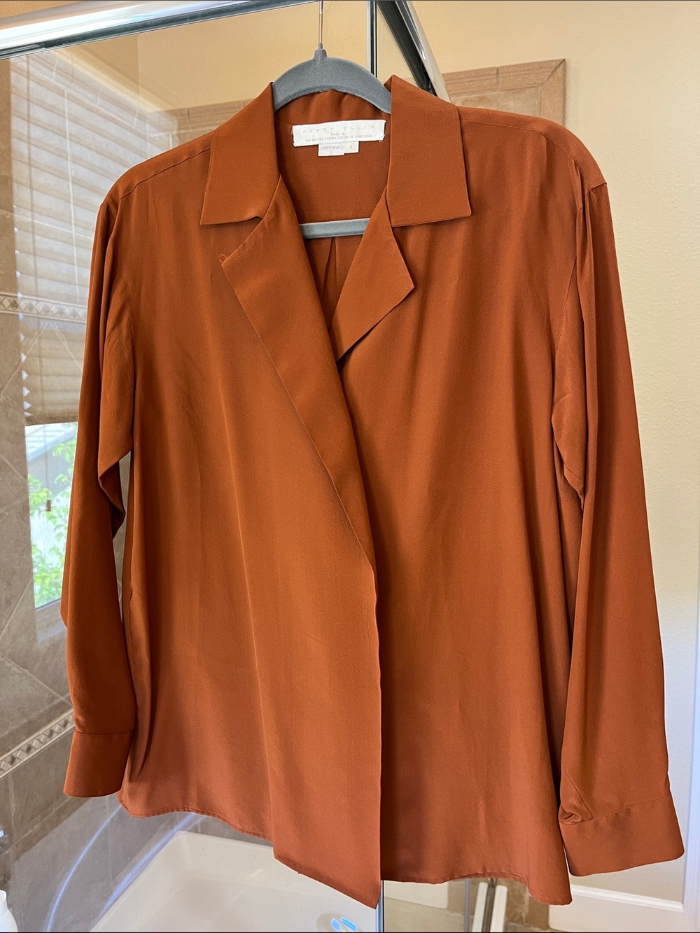 Perry Ellis Burnt Orange Long-Sleeve Wrap-Style Blouse